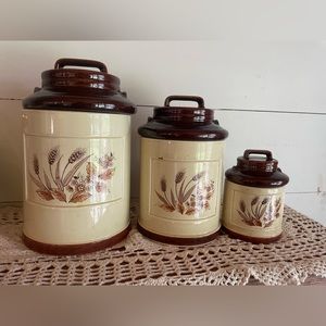 Vintage Set Of 3 Ceramic Wheat Pattern Milk Can Style Canisters 70s Made Japan